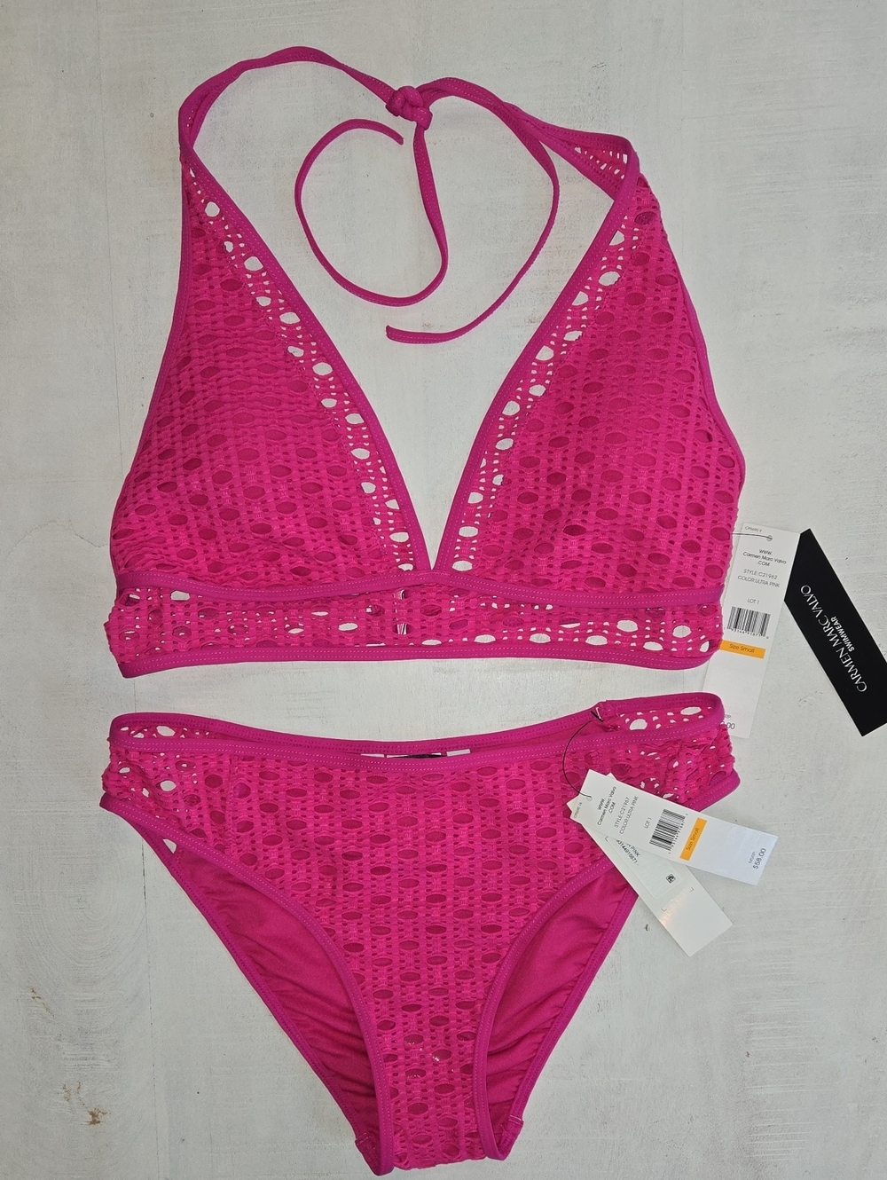 Carmen Marc Valvo Ultra Pink Crochet Halter Bikini NWT Size Small